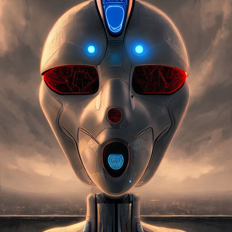 Detailed Robot Head with Glowing Red Eyes in Dystopian Skyline