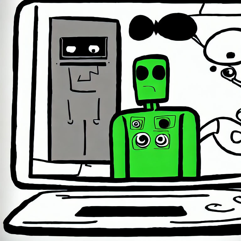 Green robot cartoon with surprised expression and unhappy reflection.