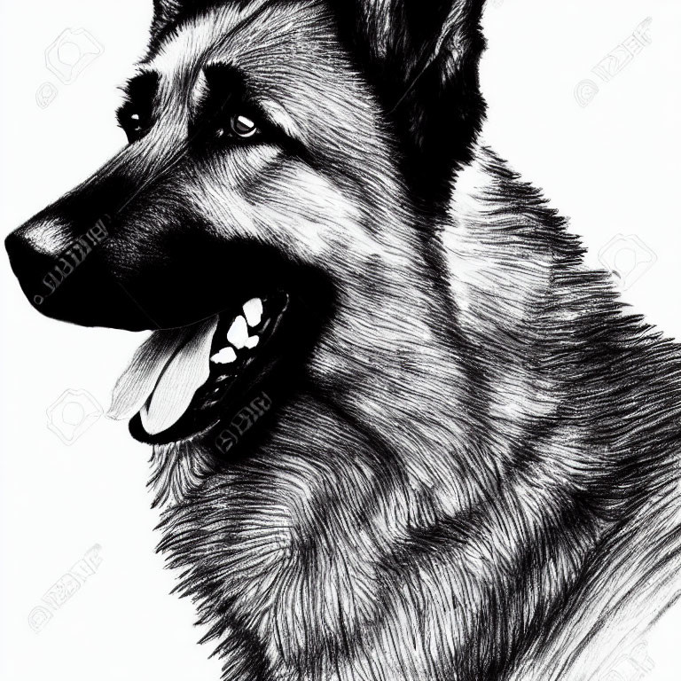 Detailed Black and White German Shepherd Dog Sketch with Sharp Eyes and Open Mouth