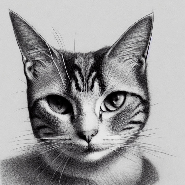Detailed pencil sketch of a cat with striking eyes, pointed ears, and subtle smile