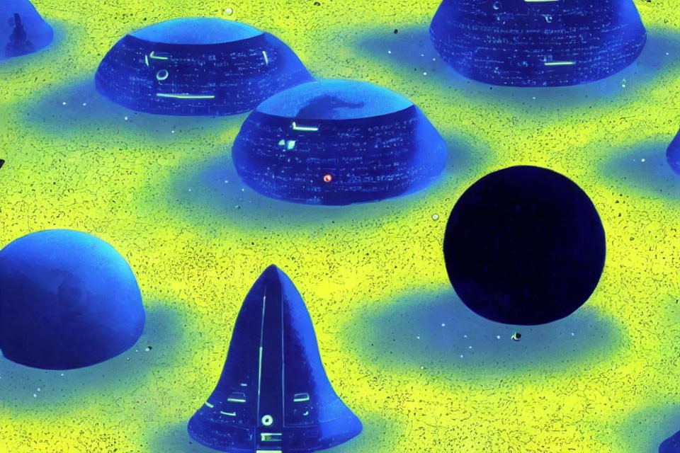 Futuristic digital art: Translucent blue domes on yellow background