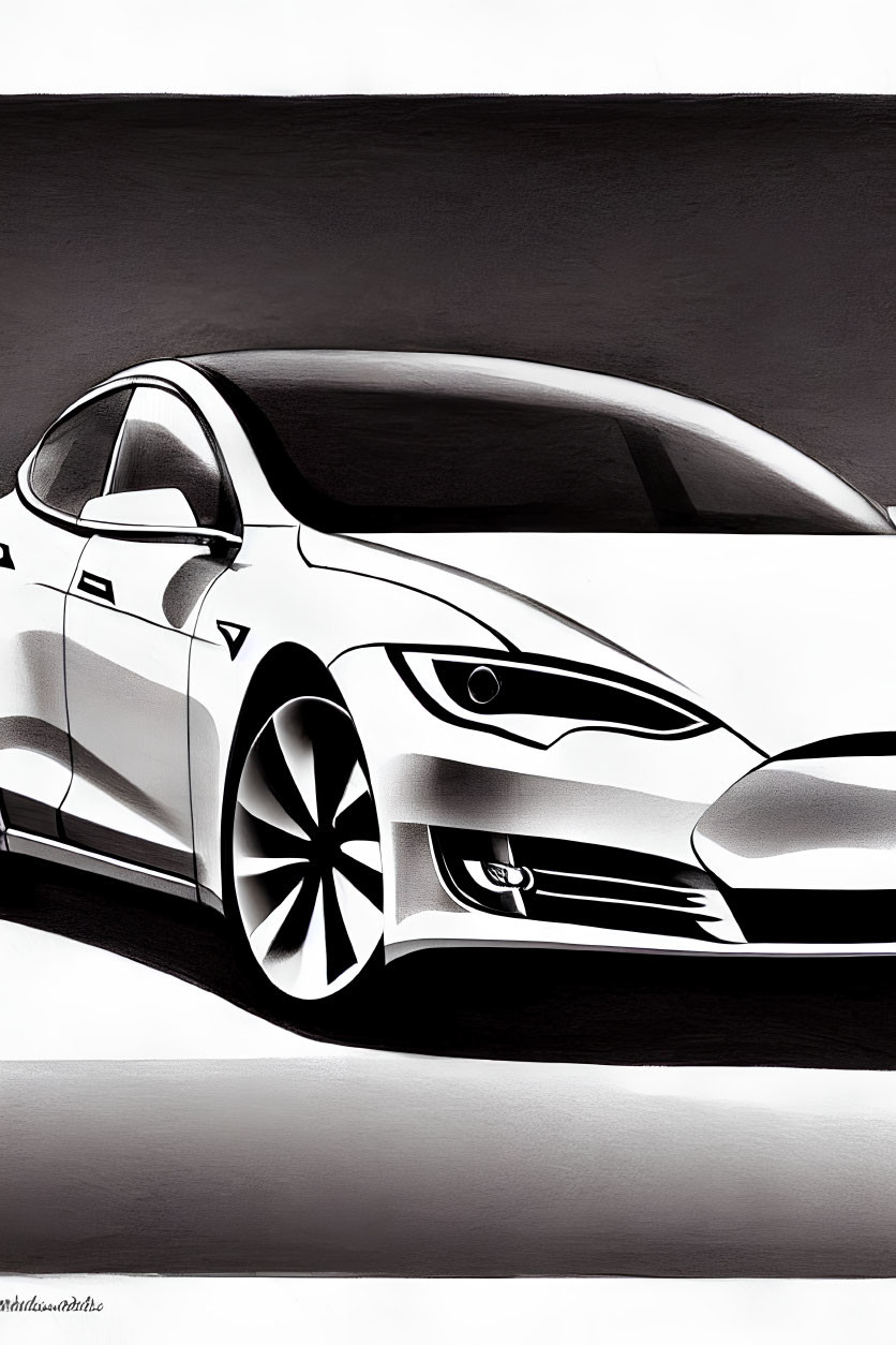 Stylized black and white drawing of Tesla Model S