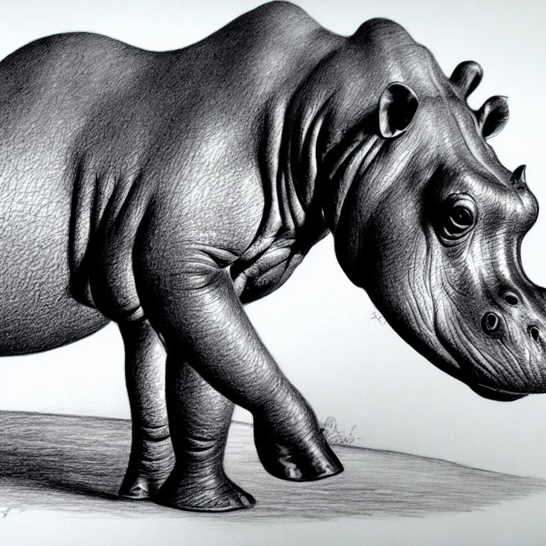 Realistic pencil drawing of a walking hippopotamus with textured skin and shaded contours