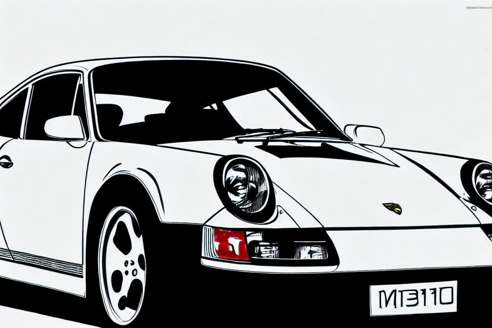 Monochrome Porsche Car Illustration: Front and Side View