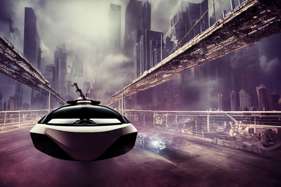 Futuristic flying car over misty dystopian cityscape with bridge