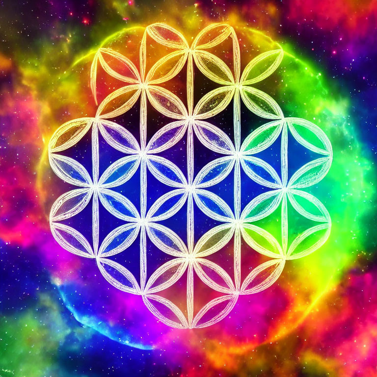 Colorful Flower of Life Sacred Geometry Pattern on Nebula Background