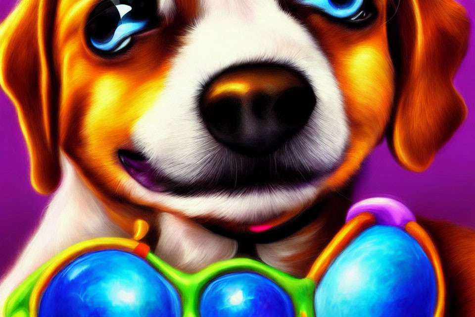 Vibrant dog artwork with expressive eyes and blue toy on purple background