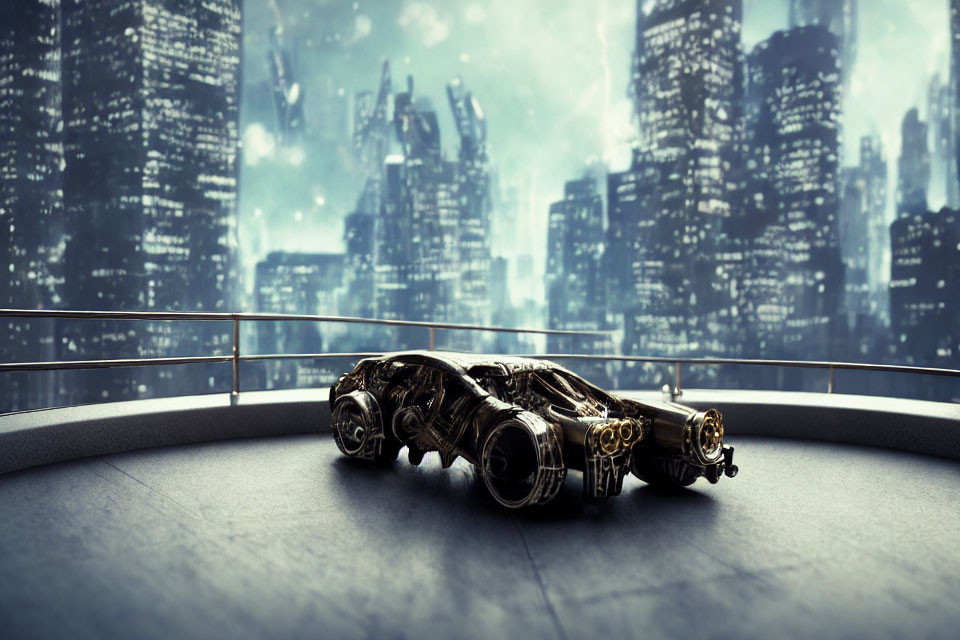 Intricate futuristic car on platform in high-tech cityscape
