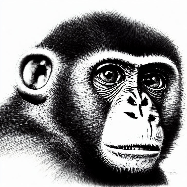 Detailed black and white monkey sketch with expressive eyes and realistic fur texture.