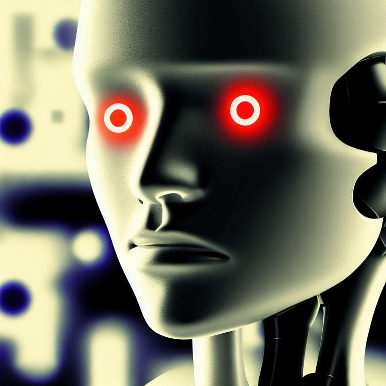 Detailed View: Humanoid Robot Face with Glowing Red Eyes on Blue Light Background
