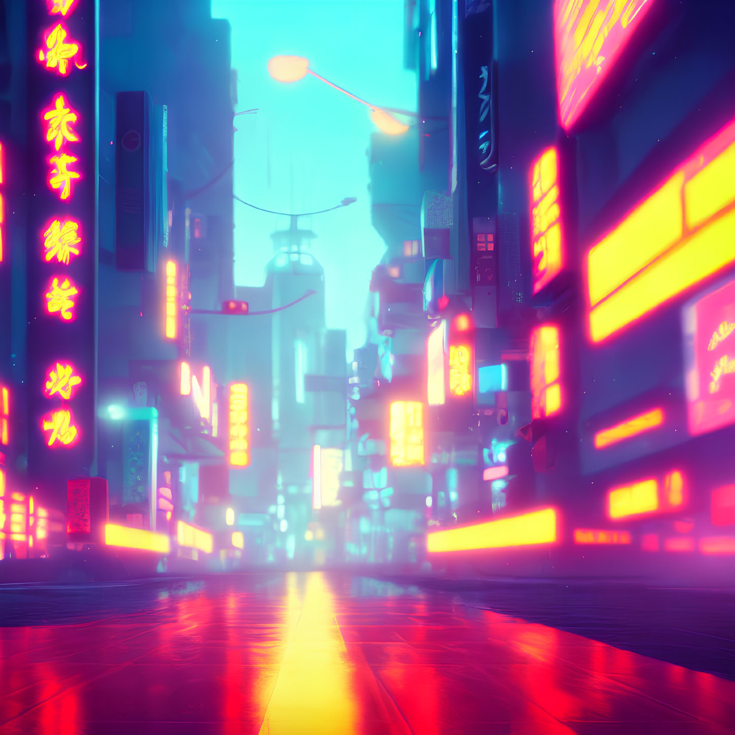 Futuristic city street at twilight with neon-lit signs