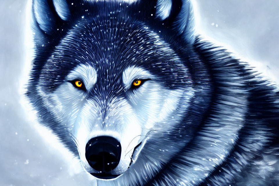 Blue-Toned Wolf with Yellow Eyes and Snowflake in Snowy Scene
