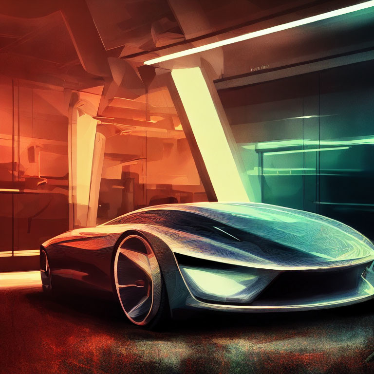 Sleek futuristic car in high-tech garage with ambient lighting