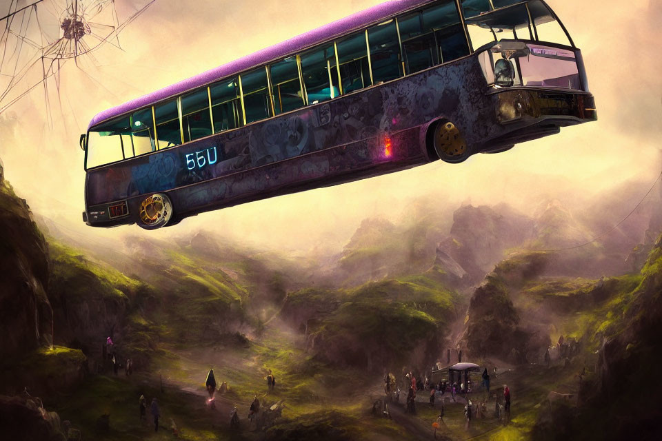 Futuristic floating bus over lush valley with people and structures