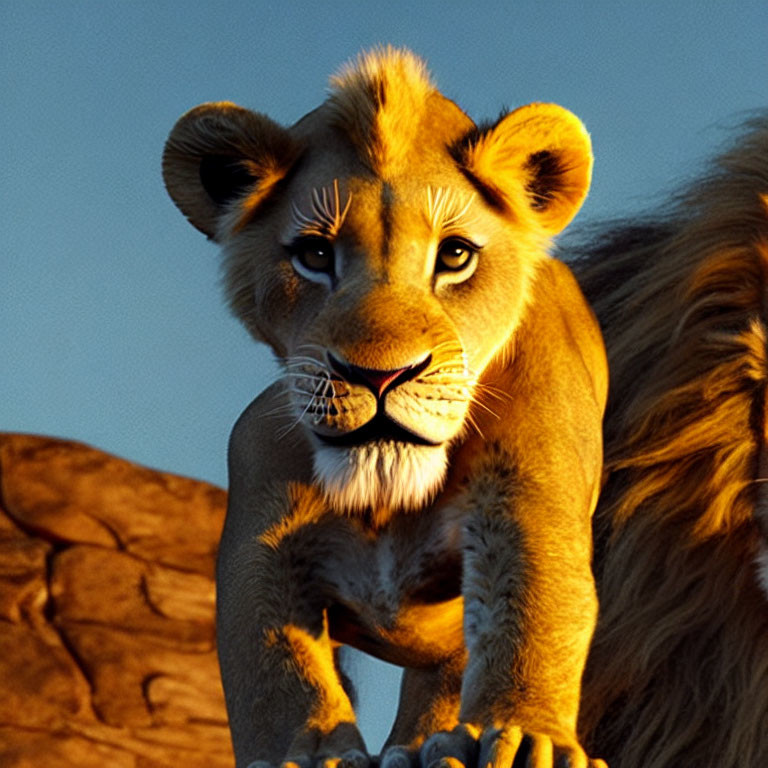 Animated lion cub with expressive eyes on rock at sunset