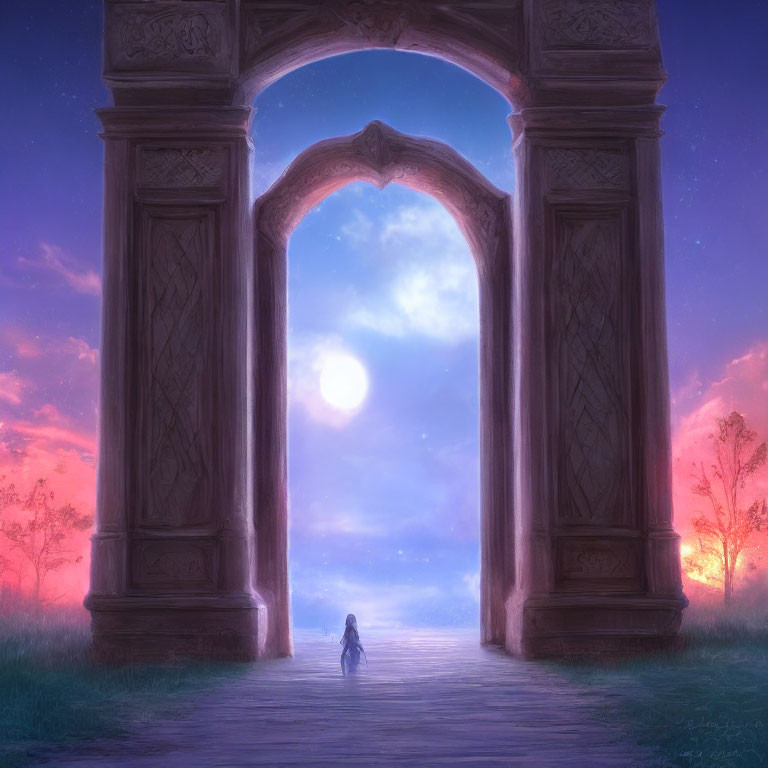 Person under ornate archway with full moon, trees, twilight sky.