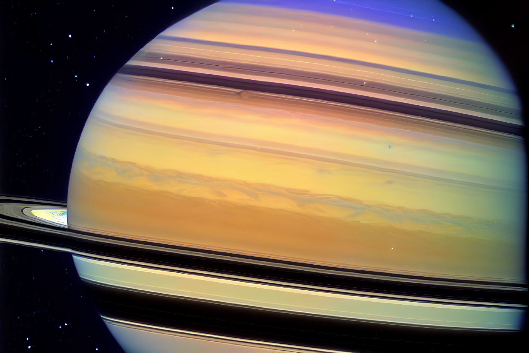 Saturn's Rings and Band-Patterned Atmosphere in Yellow, Orange, and Brown