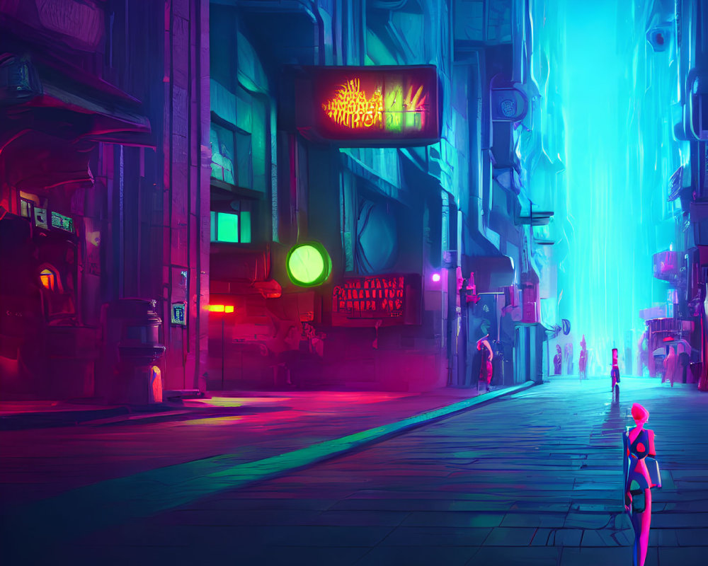 Futuristic cyberpunk cityscape with neon signs and lone figure
