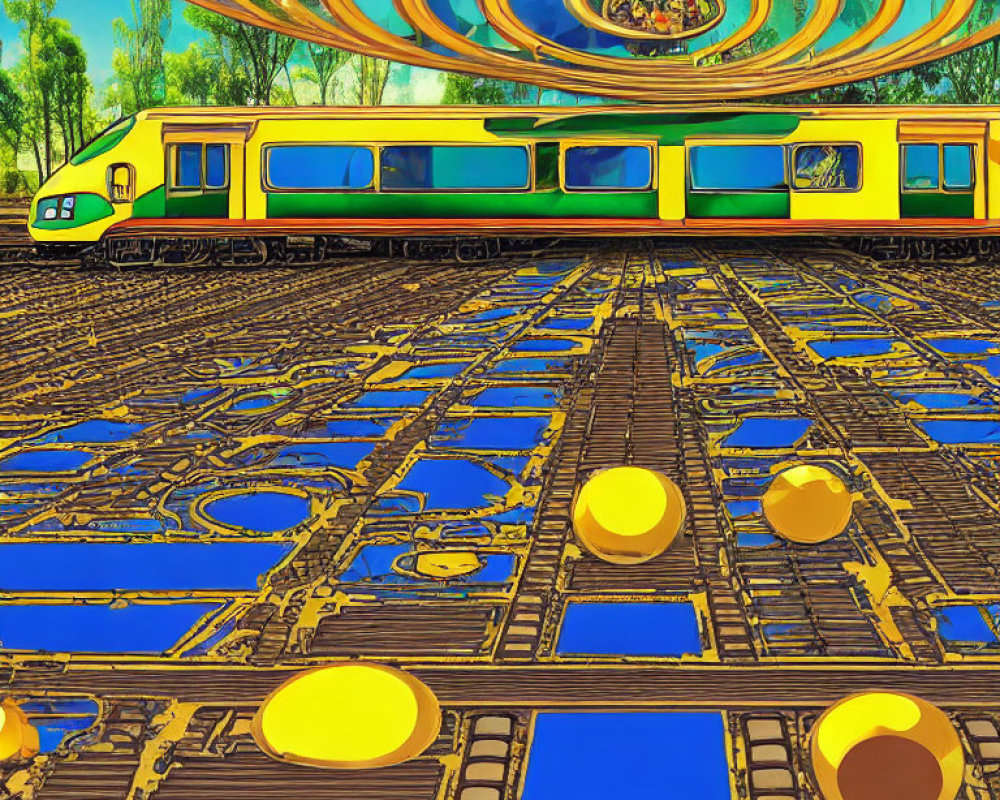 Digitally altered image: Train on abstract, vibrant tracks with surreal circular patterns.