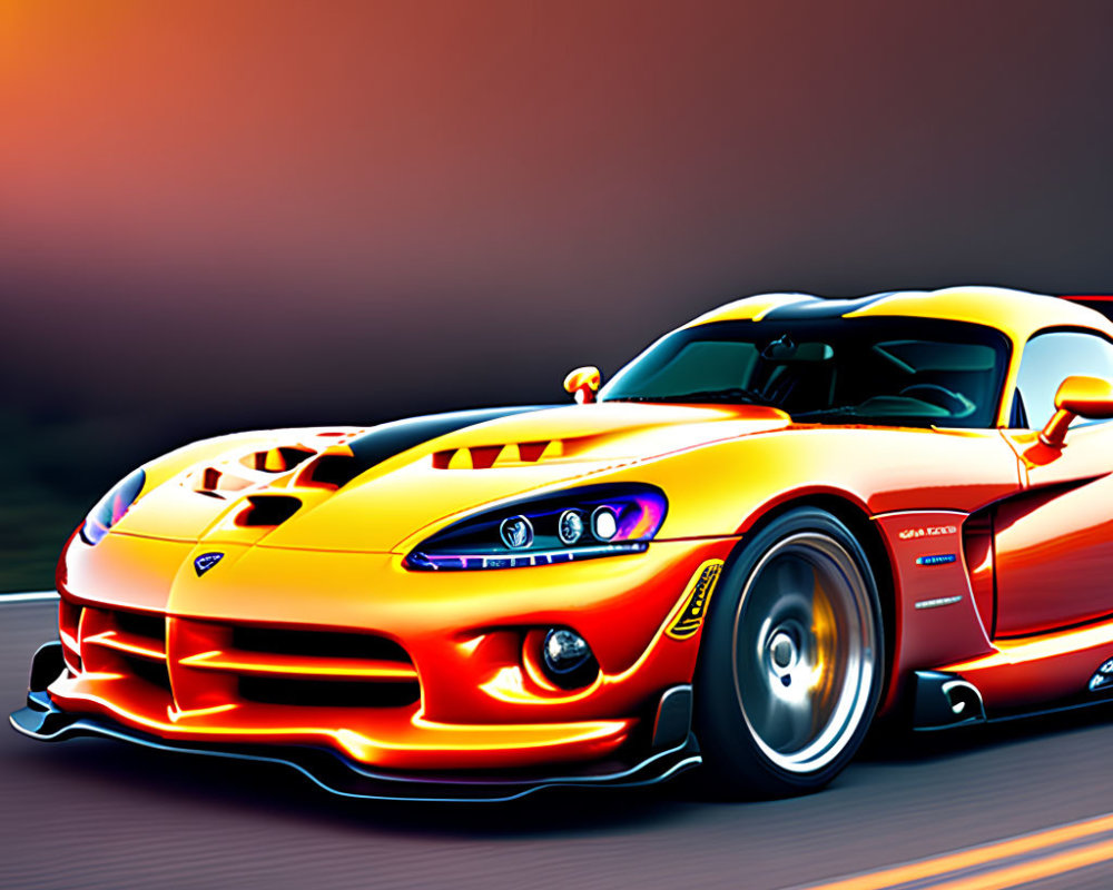 Vibrant red and yellow sports car illustration racing at sunset