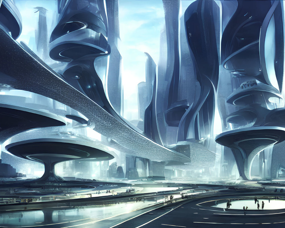 Futuristic cityscape with towering structures and tiny figures in blueish light