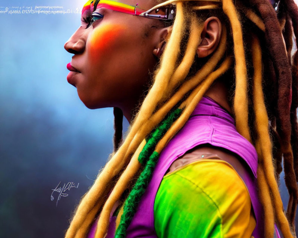 Colorful face paint and dreadlocks on person in vibrant image
