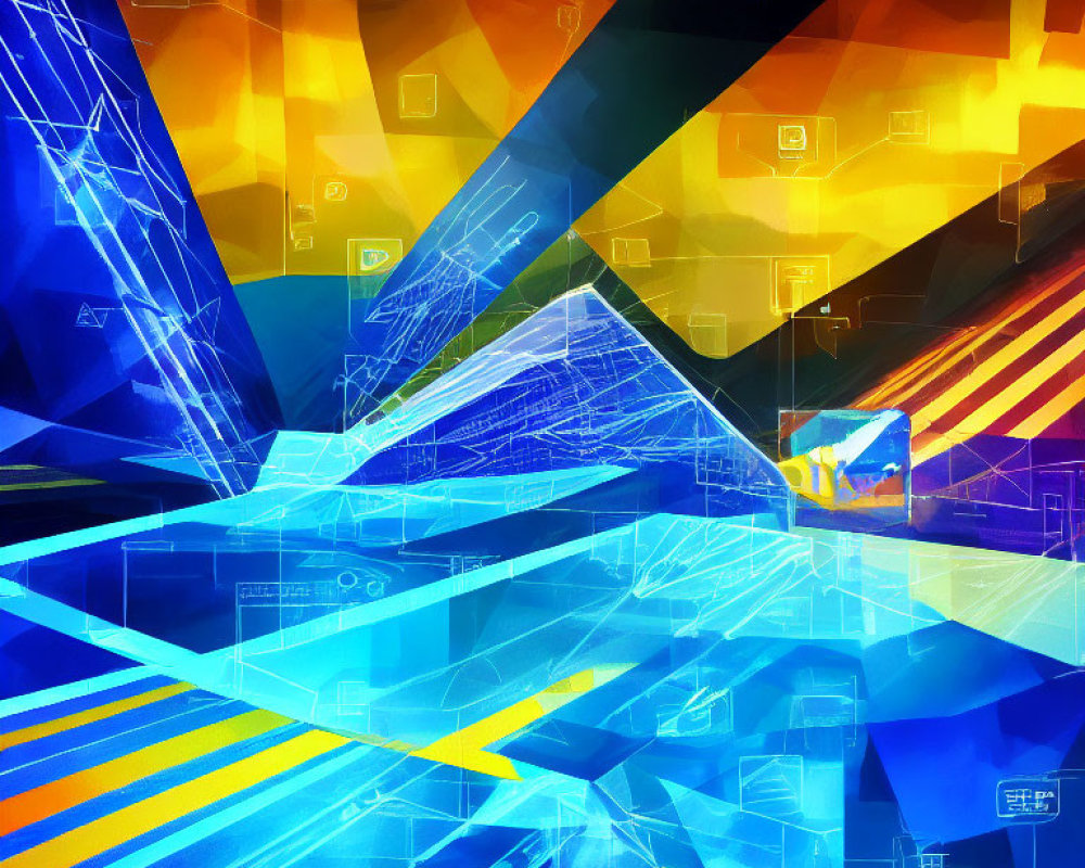 Vivid geometric shapes in blue, yellow, and orange hues