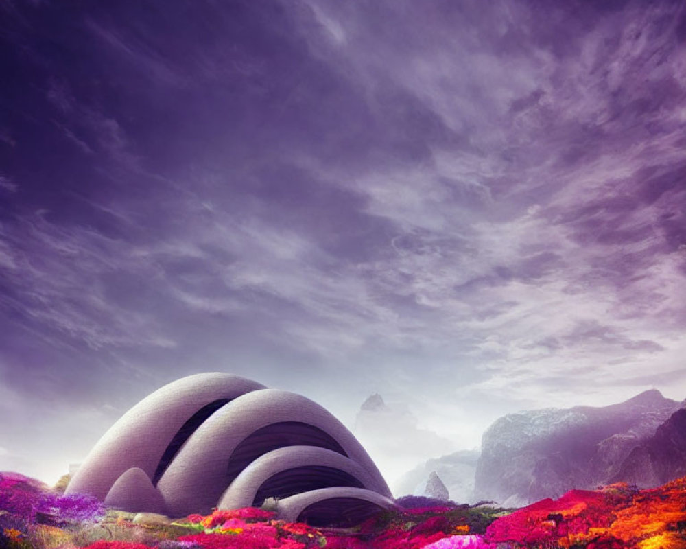 Futuristic domed structures in vibrant flower field under purple sky