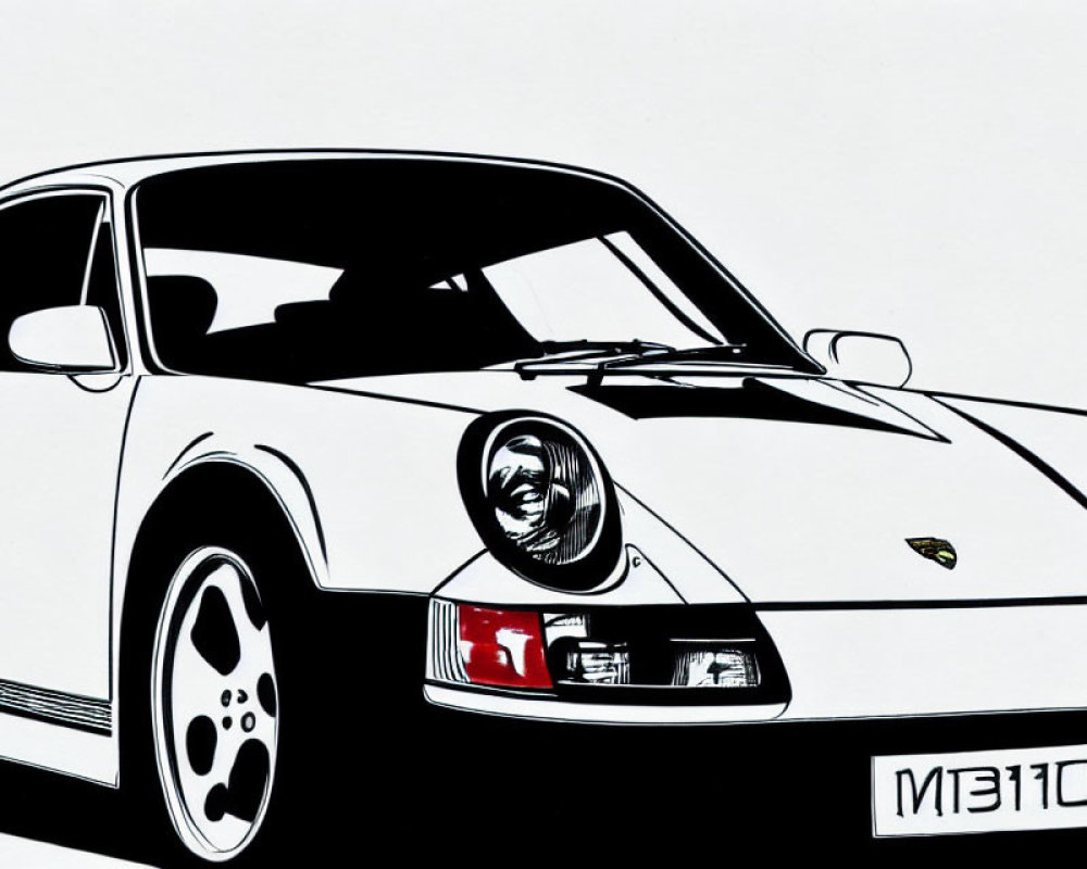 Monochrome Porsche Car Illustration: Front and Side View