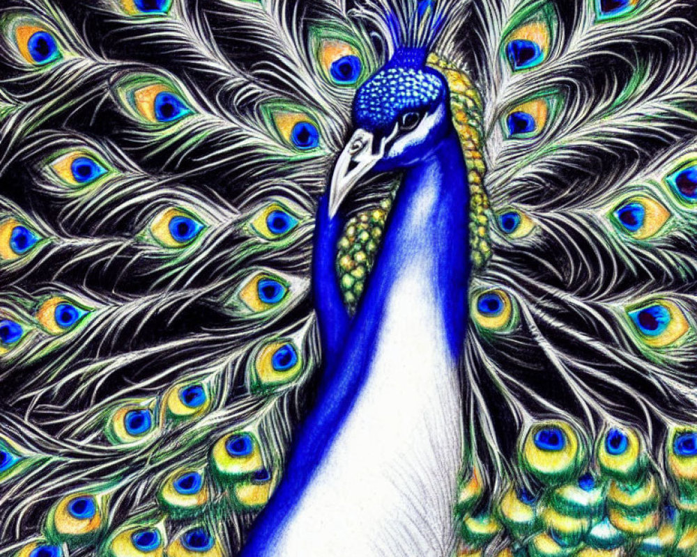 Detailed drawing of a vibrant peacock with elaborate blue and green feathers.