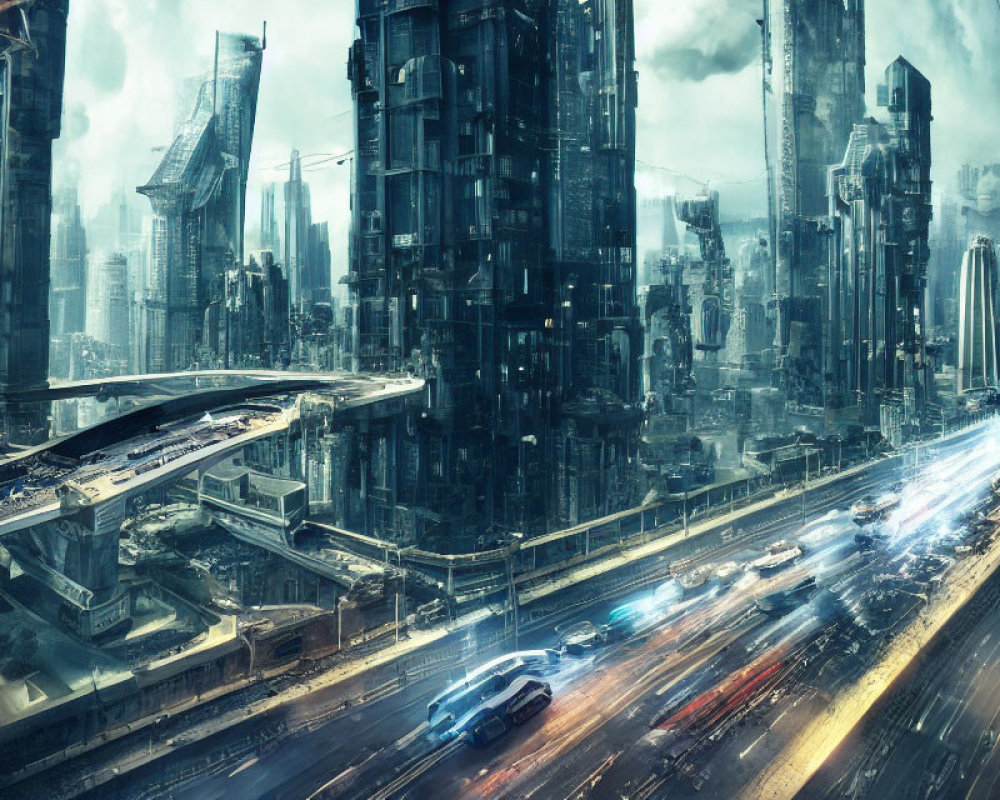 Futuristic cityscape with skyscrapers, flying vehicles, and light streaks under gloomy