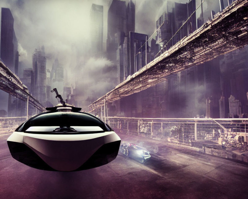 Futuristic flying car over misty dystopian cityscape with bridge