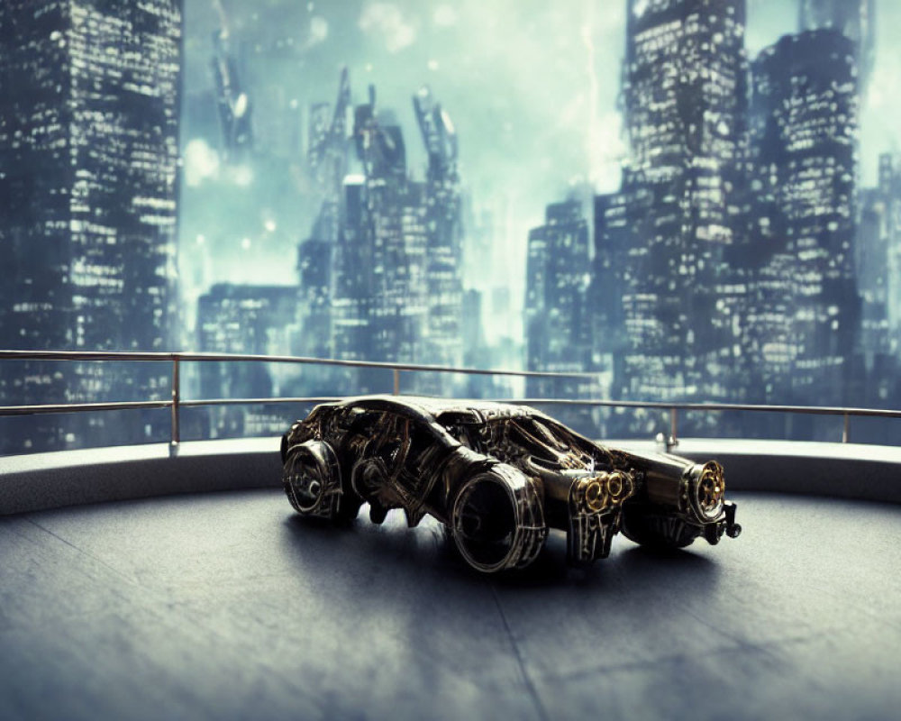 Intricate futuristic car on platform in high-tech cityscape