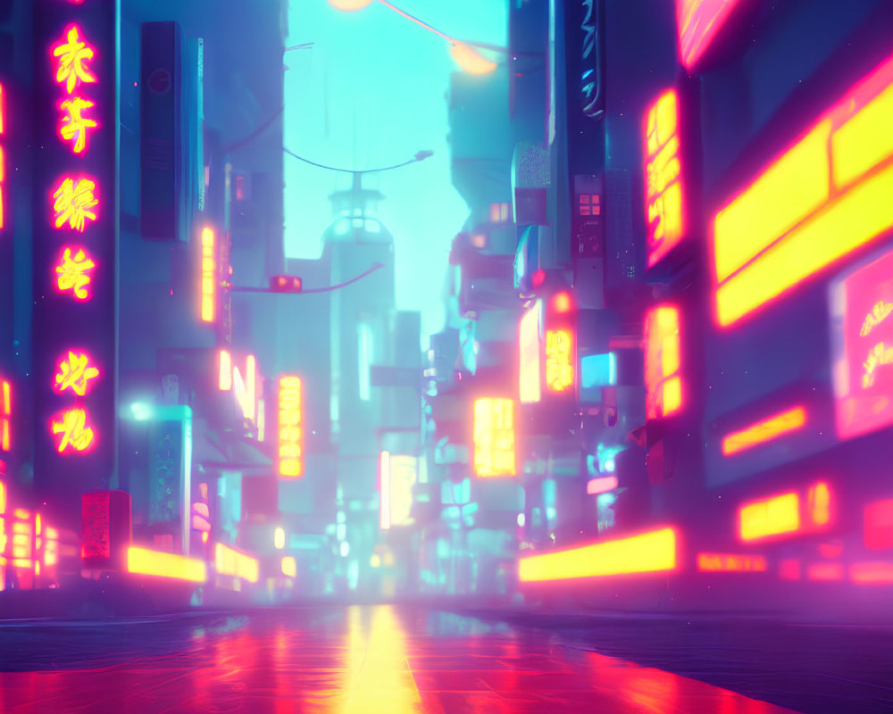 Futuristic city street at twilight with neon-lit signs