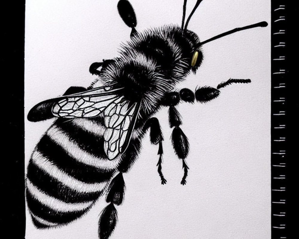 Detailed Black and White Bee Drawing on Sketchbook Page
