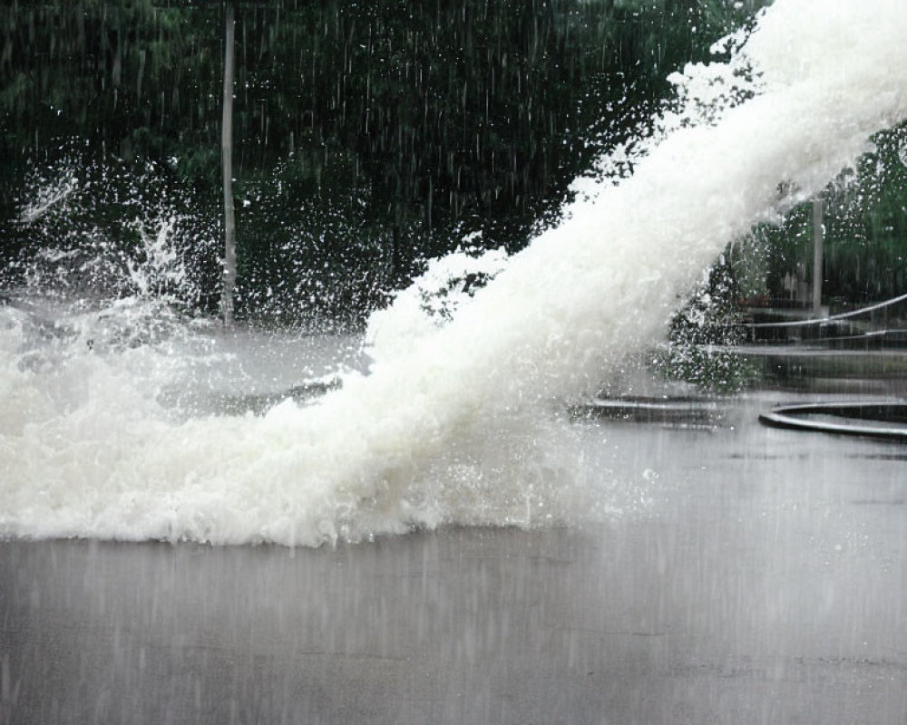 Dynamic water burst on urban street during heavy rain