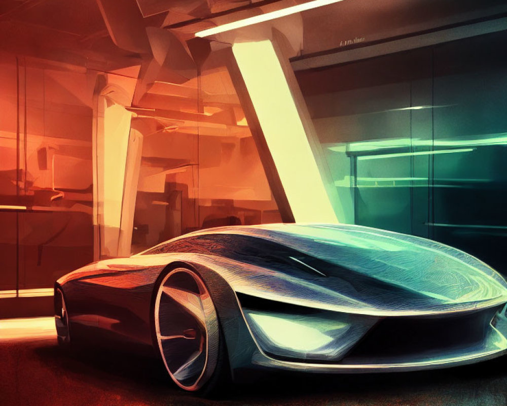 Sleek futuristic car in high-tech garage with ambient lighting