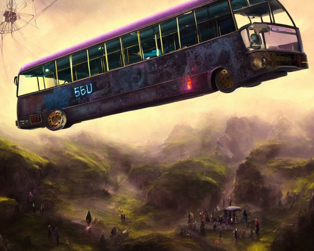 Futuristic floating bus over lush valley with people and structures