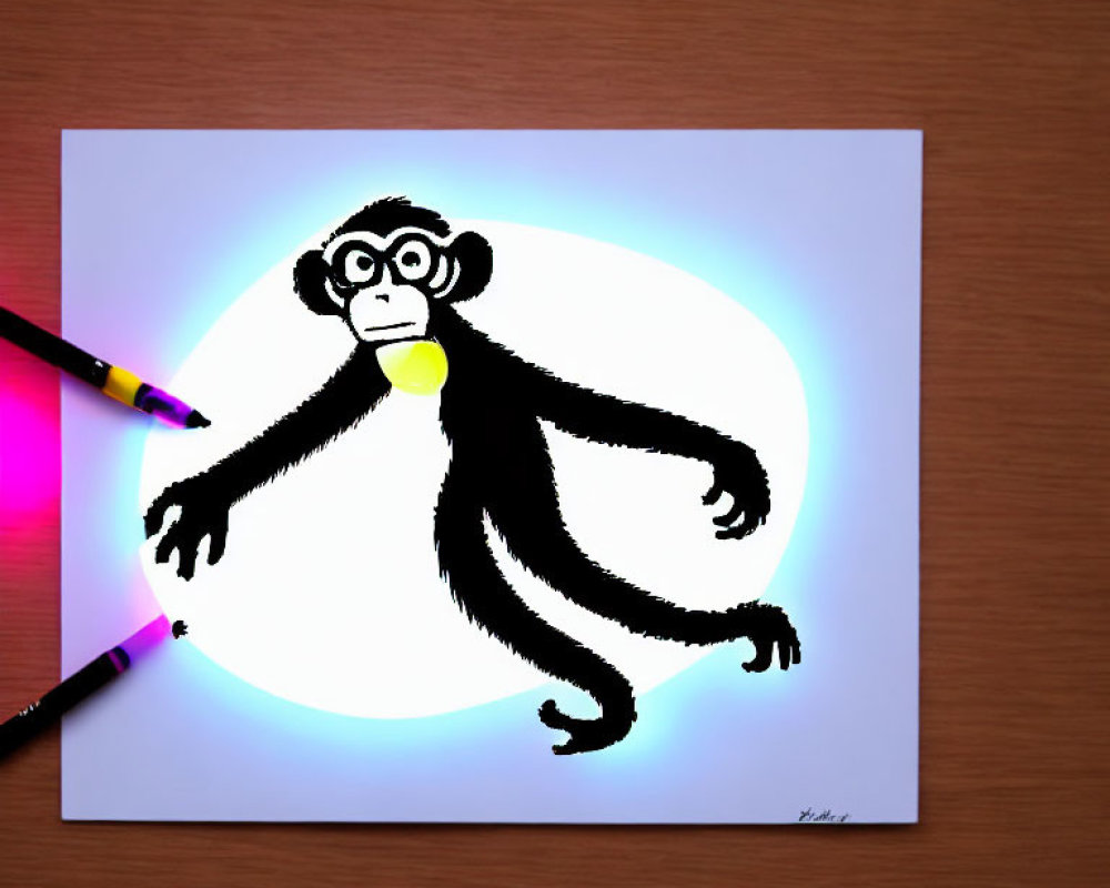 Cartoon monkey drawing with exaggerated expression on white paper, illuminated by light circle, colored pencils nearby