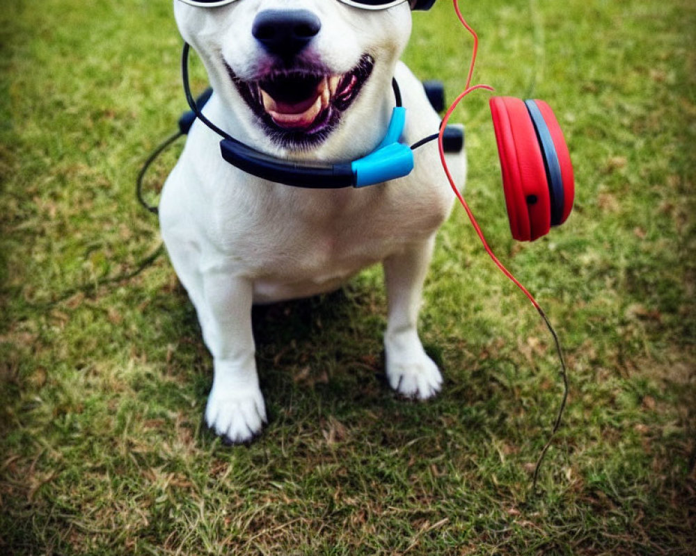 Joyful dog in sunglasses and headphones on grass singing with mouth open