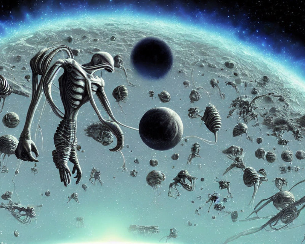 Surreal cosmic scene with skeletal alien creatures and floating rocks