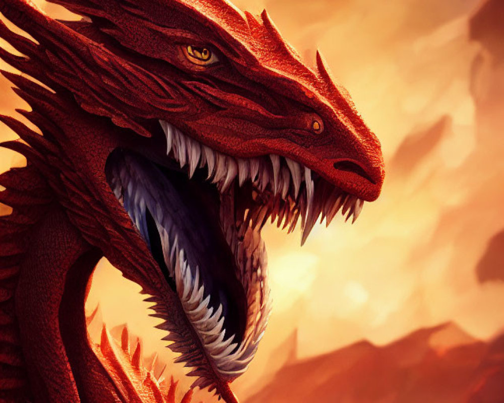 Red Dragon with Large Teeth and Horns in Smoky Sky