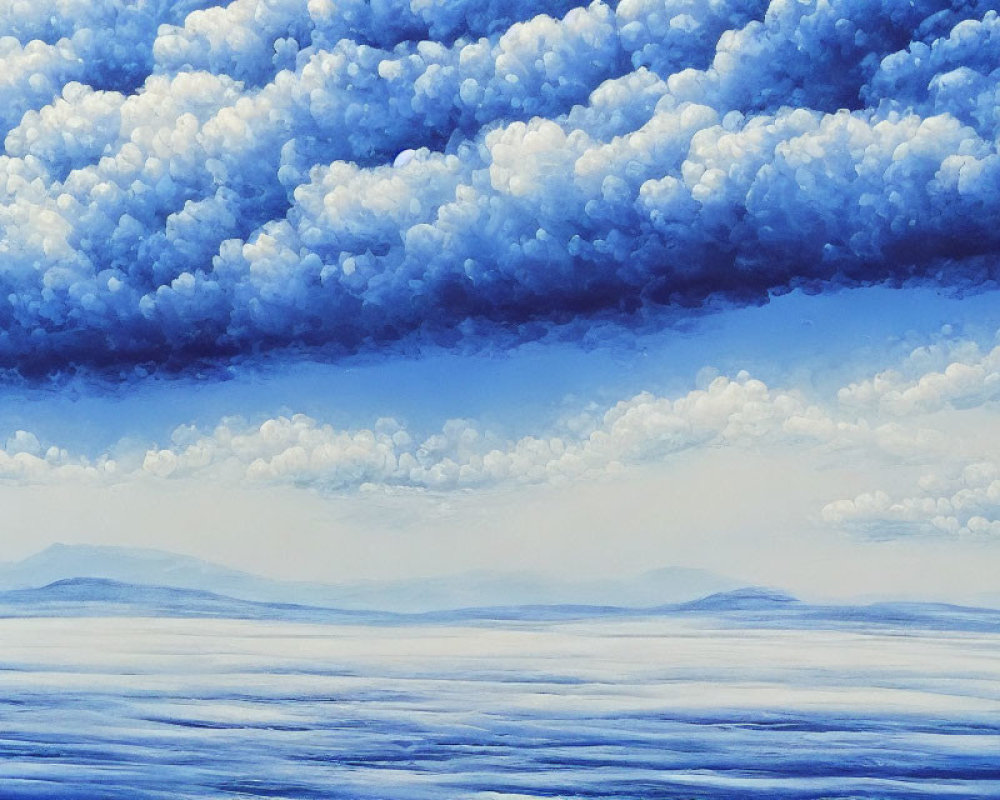 Tranquil landscape with fluffy clouds and hazy mountains