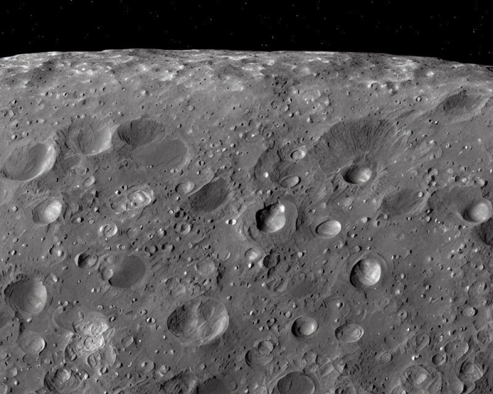 Moon's surface: grayscale image of impact craters and horizon line