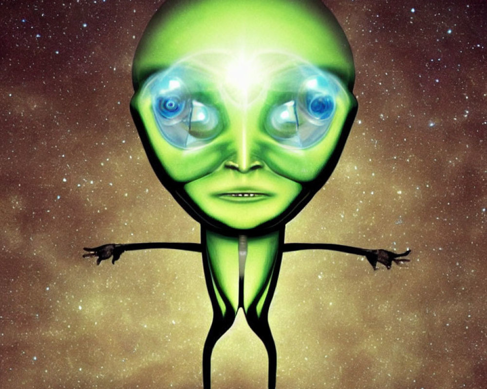 Green alien with oversized head and blue eyes in cartoon illustration