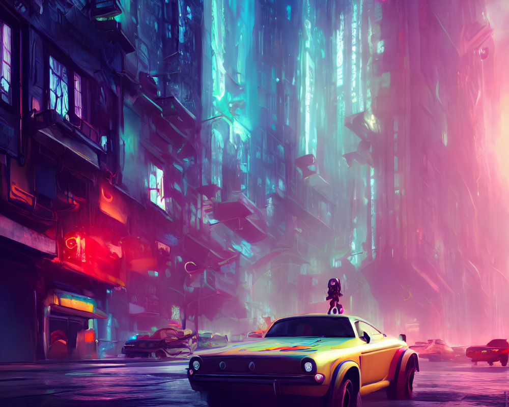 Neon-lit cyberpunk cityscape with classic car and futuristic ambiance