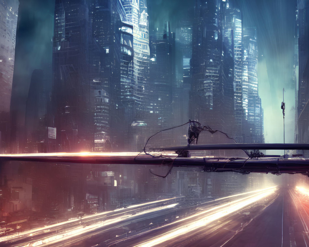 Futuristic cityscape with towering skyscrapers and person on high beam at twilight