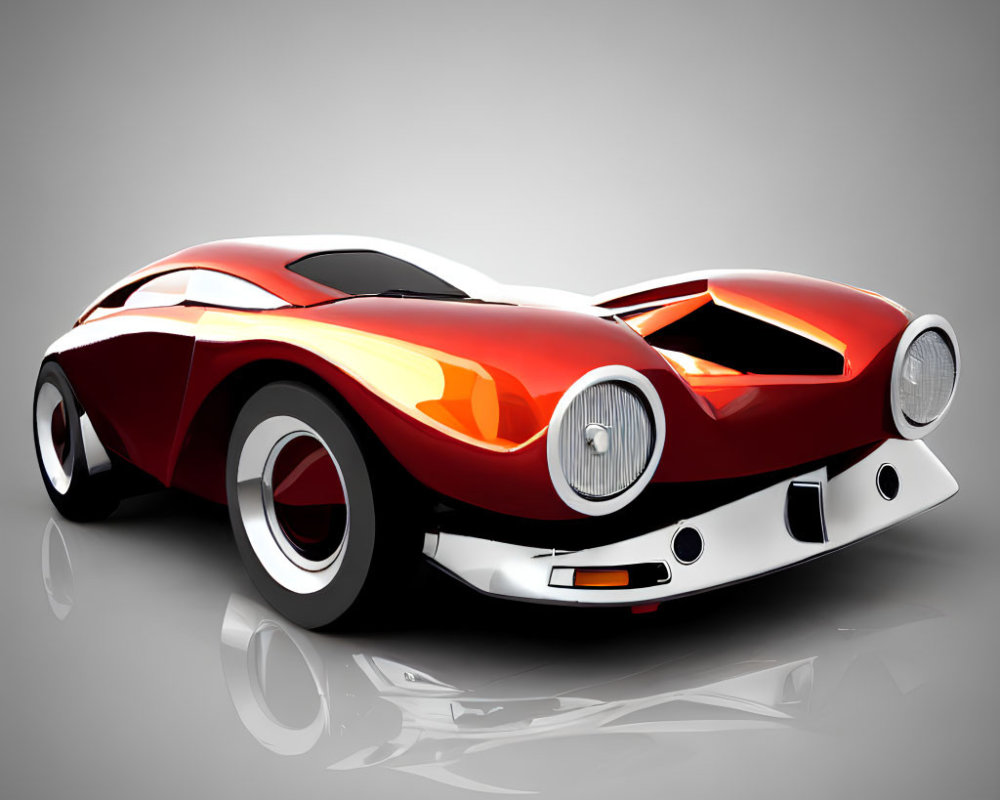 Red Futuristic Sports Car with Oversized Headlights on Reflective Grey Surface