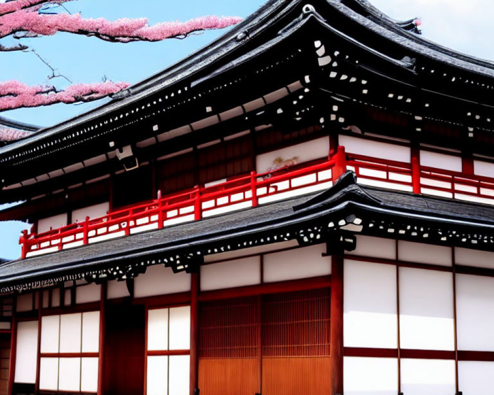 Traditional Japanese building with curved black tiled roof and cherry blossoms.