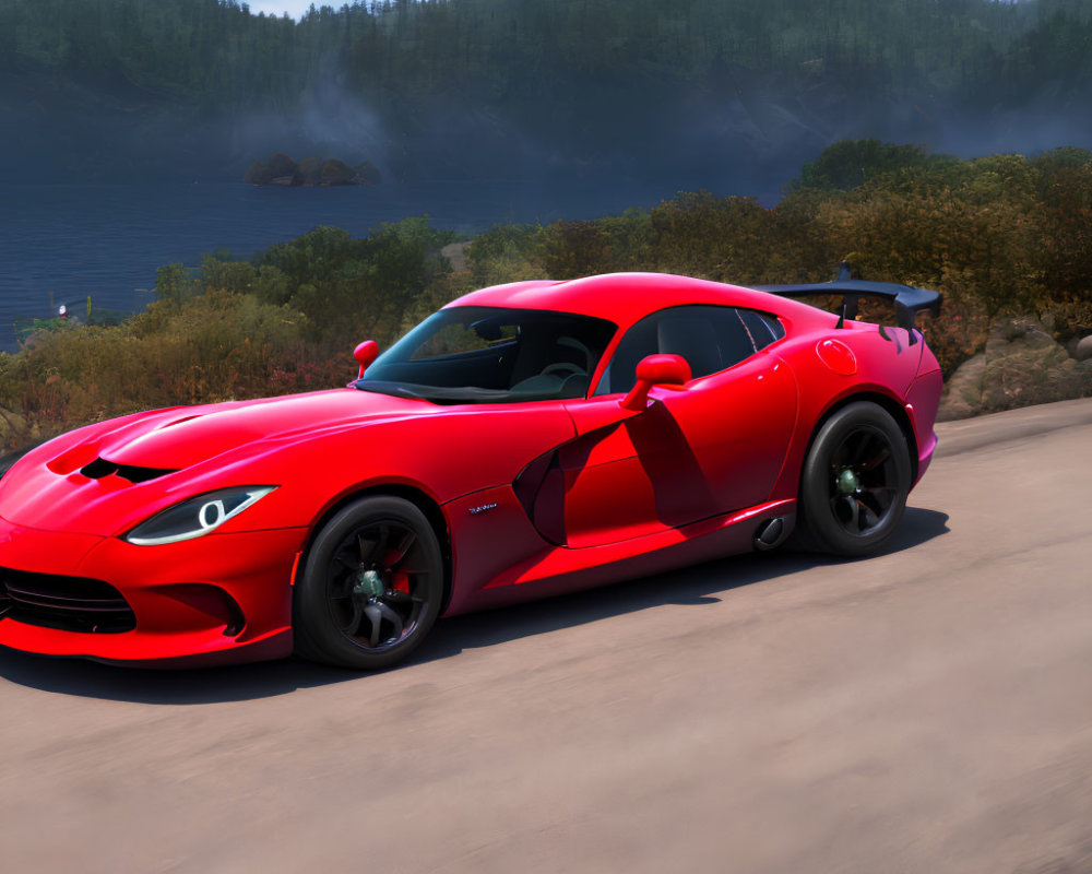 Red Sports Car with Black Details on Coastal Road in Realistic Video Game Graphics